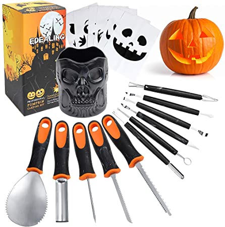 Professional Pumpkin Carving Kit,11 Pcs Handle Heavy Duty Stainless Steel Sculpting Tools for Halloween with Skull Shaped Holder and 6 Pcs Paper Carving Templates