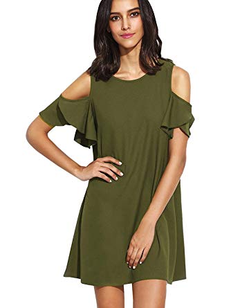 Milumia Women's Summer Cold Shoulder Ruffle Sleeves Shift Dress