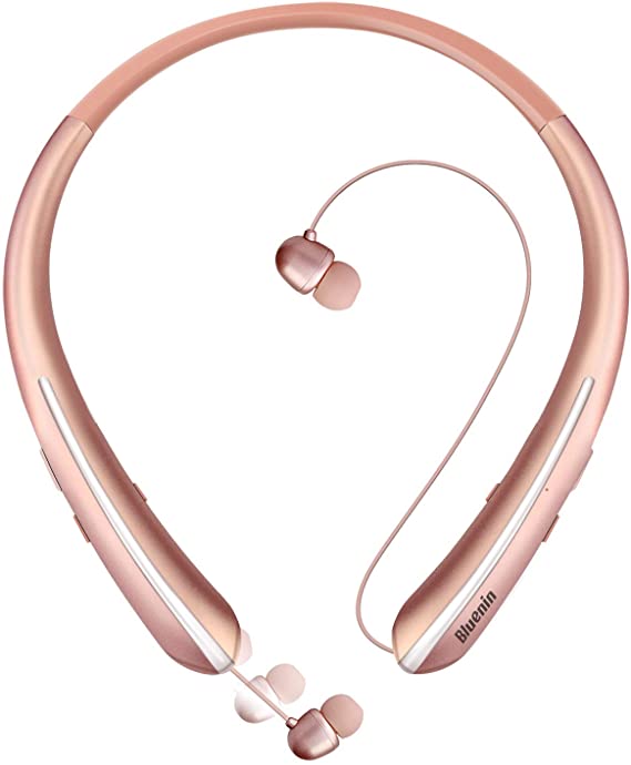 Bluetooth Headphones, Bluenin Wireless Neckband Headset Hi-Fi Stereo Sound with Retractable Earbuds, 16 Hrs Playtime Sports Noise Cancelling Earphones with Mic Upgraded (Rose Gold)