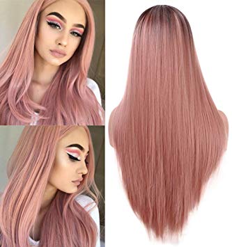 Fani Fashion Orange Pink Women's Wigs Silk Straight Ombre Pink Wig 22 Inch Dark Brown Roots Non-Lace Front Middle Part Heat Resistant Synthetic Full Wig