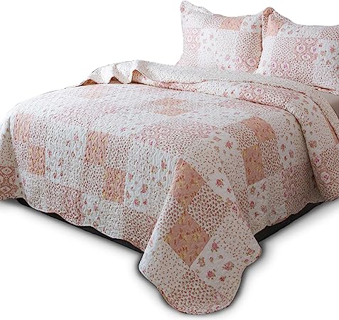 KASENTEX Twin Quilt Set Lightweight Bedspread Coverlet(Pink Floral Patchwork, 86x68)