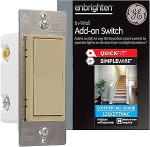 GE Enbrighten Add-On Switch with QuickFit and SimpleWire, GE Z-Wave/GE Zigbee Smart Lighting Controls, Compatible with Alexa, Google Assistant, NOT A STANDALONE SWITCH, Ivory, 47188