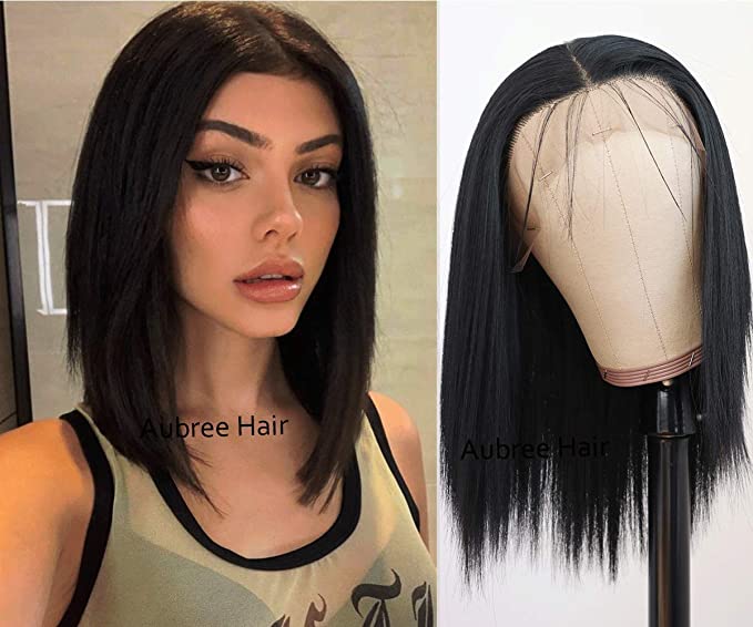 Aubree Hair Short Black Color Straight Hair Synthetic Lace Front Wigs Glueless Natural Hairline with Baby Hair Lace Front Wigs for Fashion Women