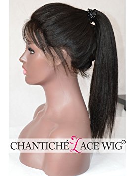 Chantiche 6A Light Yaki Glueless Full Lace Wig Affordable Brazilian Human Hair Wigs For African American Women 130% Density 16inch Natural Color Medium Size Cap Light Brown Lace Color