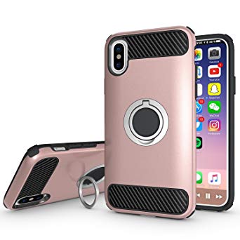 Newseego Compatible with iPhone X,iPhone XS Case with Armor Dual Layer 2 in 1 with Extreme Heavy Duty Protection and Finger Ring Holder Kickstand Fit Magnetic Car Mount for iPhone X/XS-Rose Gold