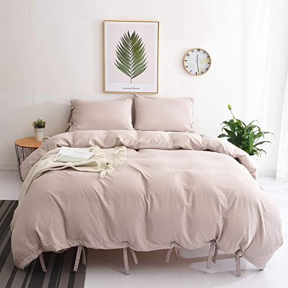 M&Meagle Duvet Cove Khaki,Solid Color Bowknot Design,100% Microfiber Treated by Washed Cotton Process,Feels Like a Very Soft Cotton-King Size(3Pcs,1 Duvet Cover 2 Pillowcases)