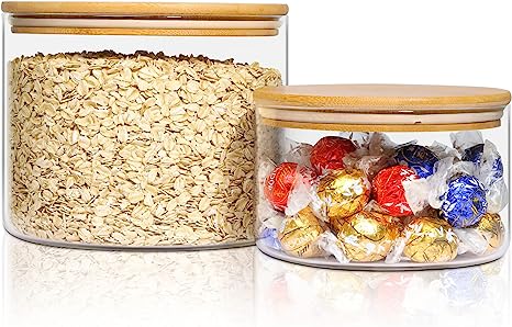 ComSaf Glass Food Storage Containers, 111 oz/47 oz Glass Flour and Sugar Containers with Airtight Lids, 7'' Wide Mouth Large Glass Jars with Bamboo Lid for Rice, Pasta, Oats, Grains, Cookie, Candy