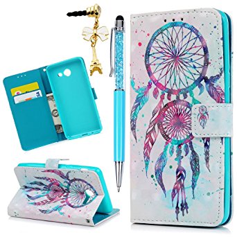 Galaxy J5 2017 Case, J5 Pro Case, 3D Relief Pattern Wallet Case PU Leather Soft TPU Inner Bumper Cover for Samsung Galaxy J5 Pro 2017 with Pen & Dust Plug by MOLLYCOOCLE, Blue Feather Dream Catcher