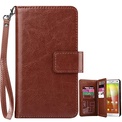 Note 4 Case, Galaxy Note 4 Wallet Case, BENTOBEN Luxury PU Leather Flip Cover with Card Holder & Credit Card Slots Cash Holder Magnetic Wrist Strap Cover for Samsung Galaxy Note 4, Brown