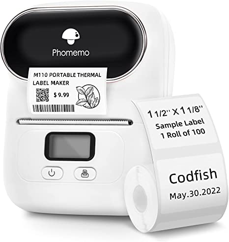 Phomemo M110 Label Printer - Portable Label Maker no Ink, Product Label Printer Mini Bluetooth Machine for Retail, Address, Barcode, QR Code, for iOS & Android, with 1pack 40x30mm Labels, Snow White