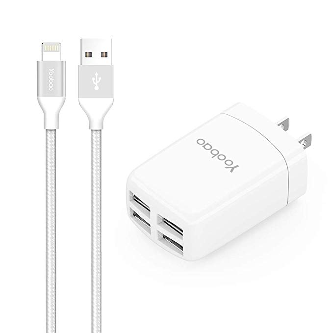 Yoobao iPhone Charger MFI Cable 4 Port USB Wall Charger Plug Multi USB Phone Charging Block with 3ft Lightning Cable Compatible iPhone X/XR/XS/ 8 Plus/ 8, iPad, and More - Silver