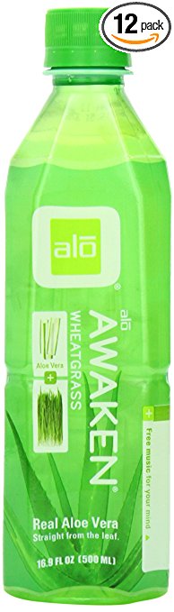 ALO Awaken Aloe Vera Juice Drink, Wheatgrass, 16.9 Ounce (Pack of 12), Cane-Sugar Sweetened, Aloin-Free, No Artificial Flavors Preservatives or Colors, Gluten Free, Vegan