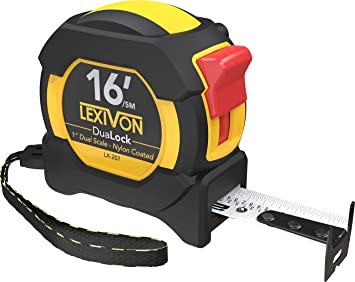 LEXIVON 16Ft/5m DuaLock Tape Measure | 1-Inch Wide Blade with Nylon Coating, Matte Finish White & Yellow Dual Sided Rule Print | Ft/Inch/Fractions/Metric (LX-207)