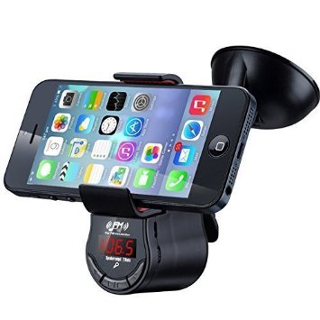 Start Sjsw FM Transmitter With Phone Holder - Universal Wireless FM Transmitter - Music To Car Radio Hands Free Calls 360 Rotation Super Suction - iPhone 654 Samsung and All Smartphones
