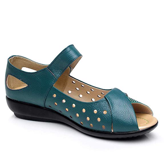 Women's Casual Shoes Hollow Peep Toe Embossed Hook & Loop Mother Soft Sandals Flat Slides