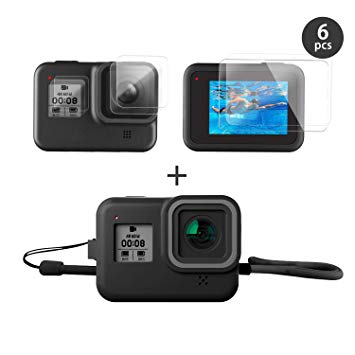 FINEST  Accessories Kit for GoPro Hero 8 Black with Silicone Rubber Protective Case   Tempered Glass Screen Protector   Tempered Glass Lens Protector   Small Display Film Bundle for for Go Pro Hero8