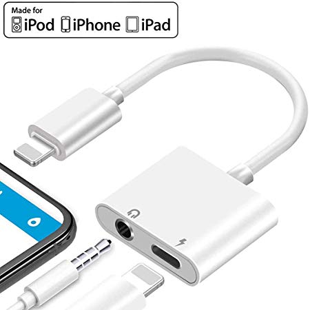 Headphone Adapter for iPhone Splitter 2 in 1 Earphone Jack Aux Audio Charger, for iPhone 7/7 Plus/8/8 Plus/X/Xs Earphone Dongle Audio Connector Splitter, Support All iOS System- White