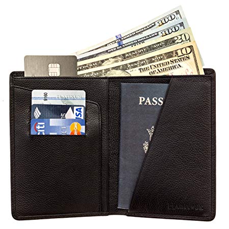 RFID Blocking Genuine Crazy Horse Leather Travel Passport Wallet (Dark Brown) (Black)