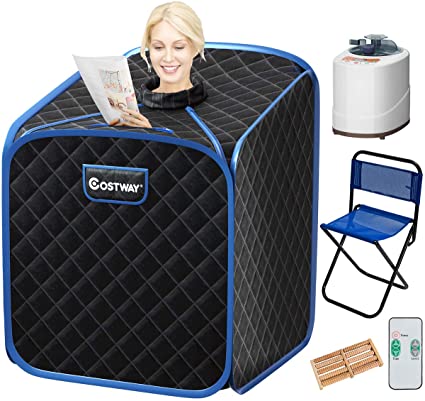 COSTWAY Portable Steam Sauna, 2L Folding Home Spa Sauna Tent for Weight Loss, Detox Relaxation at Home, Personal Sauna with 9 Temperature Levels, Timer, Remote Control, Foldable Chair (Black)