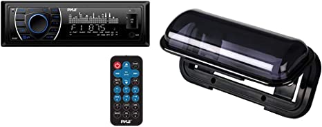 Pyle Bluetooth Marine Receiver Stereo - 12v Single DIN Style Boat in Dash Radio Receiver System - Remote Control, Wiring Harness (Black) & BOSS Audio Systems MRC5B Marine Waterproof Radio Cover