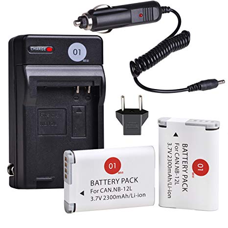 NB-12L DOT-01 Brand Battery Charger Set with Car Charger Replacement for Canon PowerShot G1 X Mark II, N100, Canon VIXIA Mini X, LEGRIA Mini X Digital Camera as NB 12L, CB-2LG(2-Pack, 2300mAh, 7.4V)