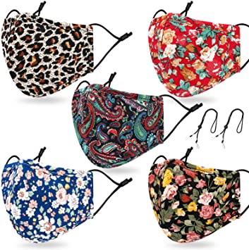 Reusable and Washable Face Madk with 2 Adjustable Lanyards for Women,Build-in Nose Wire and Filter Pocket,Breathable Dust Cloth Fabric with Floral,Bohemian and Leopard Print for Outdoor(5 Pack)