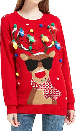 Women's Christmas Reindeer Traditional Knitted Holiday Ugly Sweater Girl Pullover Cardigan
