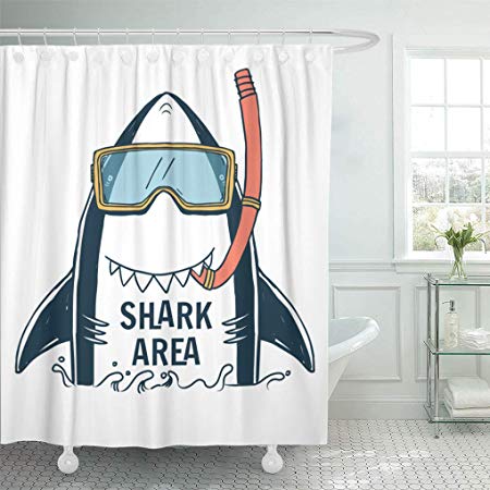 Emvency Shower Curtain Set with Hooks Polyester Fabric Blue Graphic Shark Typo and Summer Boy Kid Cute Tee Resistant Waterproof Adjustable 60 x 72 Inches for Bathroom