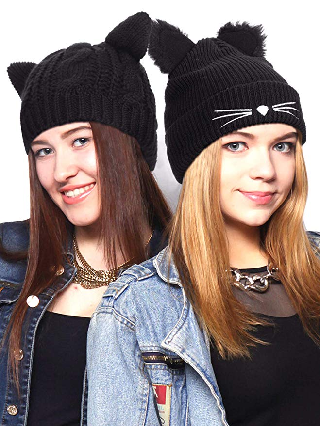 2 Pieces Winter Cat Ears Hats Soft Warm Knit Beanie Cap with 2 Pieces Pompoms for Women Girls