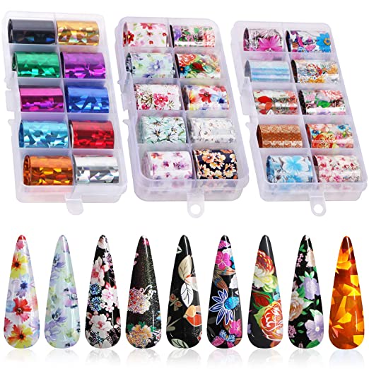 30 Color Nail Foil Transfer Sticker, Kissbuty Holographic Flower Nail Art Stickers Tips Wraps Foil Transfer Adhesive Glitters Acrylic DIY Nail Decoration, 3 Boxes (Flowers and Glitters)