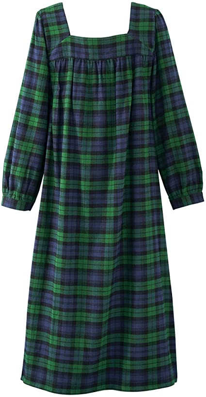 National Petites Flannel Plaid Nightgown, 100% Cotton, Yarn-Dyed - Square Neck, Long Sleeves, Warm & Cozy Sleep Gown