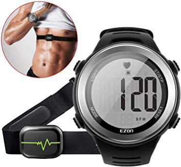 EZON Heart Rate Monitor Digital Sports Watch for Outdoor Running with Chest Strap, Heart Rate Alarm, Stopwatch,Daily Alarm and Calendar