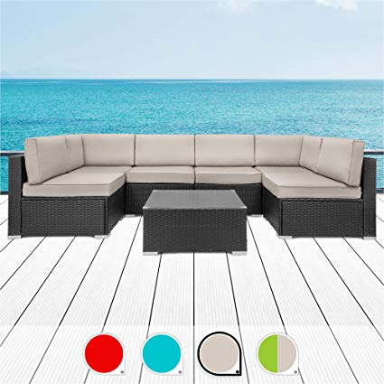 Walsunny 7pcs Patio Outdoor Furniture Sets,Low Back All-Weather Rattan Sectional Sofa with Tea Table &Washable Couch Cushions (Black Rattan (Khaki)