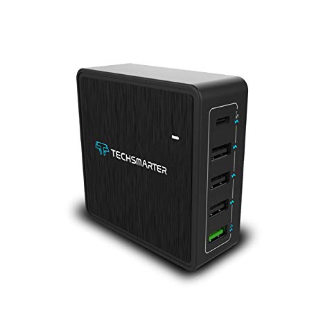 Techsmarter 60W Five USB Port Power Delivery Desktop Multiport Charger, 60W USB-C PD Port, 18W TS  Fast Charge USB Port & Three 12W Ports Compatible with iPhone, Samsung, MacBook Pro, iPad Pro & More