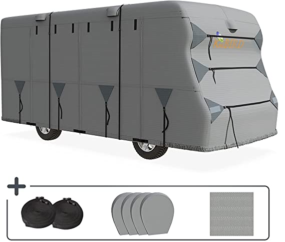 KING BIRD 210D Oxford Class C RV Cover, Rip-Stop Grid-Woven, Fits 29-32Ft Motorhome - Waterproof, Windproof, Anti-UV with 2 PCS Straps & 4 Tire Covers