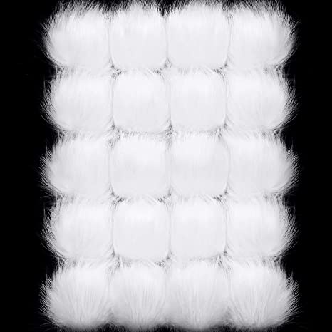 White Faux Fur Pompom Ball DIY Fur Pompoms White Fluffy Pompom Balls with Elastic Band for Hats Shoes Scarves Beanies Bag Keychain Charms Accessories (12 Pieces)