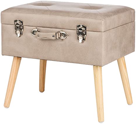 Glitzhome Leather Foot Stool Seat Storage Footrest Stool Modern Dressing Upholstered Vanity Stool Padded Ottoman with Tufted Seat Wood Legs Decorative Accent Furniture Shoes Bench, Gray