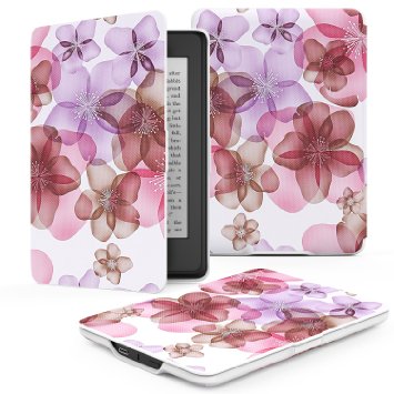 MoKo Kindle Paperwhite Case Premium Thinnest and Lightest Leather Cover with Auto Wake  Sleep for Amazon All-New Kindle Paperwhite Fits All 2012 2013 and 2015 Versions Floral PURPLE