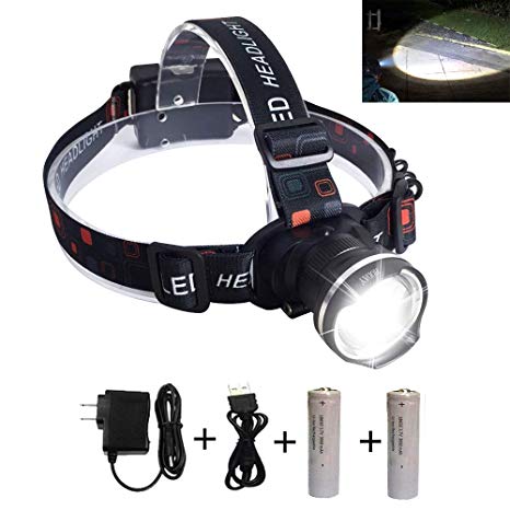 Adjustable Headlamp, LED Headlamp Flashlight Headlights with Rechargeable 18650 Batteries USB Charger for Cycling Running Dog Walking Camping Hiking Fishing Night Reading (Zoomable headlight)