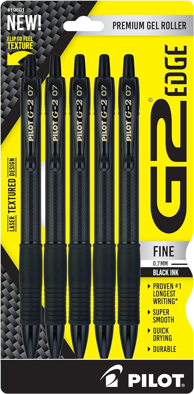 PILOT, G2 Edge Premium Gel Roller Pens, Fine Point 0.7 mm, Black, Pack of 5