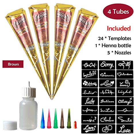 COKOHAPPY Temporary Tattoo Kit, 4 Tube Brown Paste Cone Indian Body Art Painting Drawing with 24 x adhesive Stencil, 1 x Applicator Bottle and 5 x Plastic Nozzle