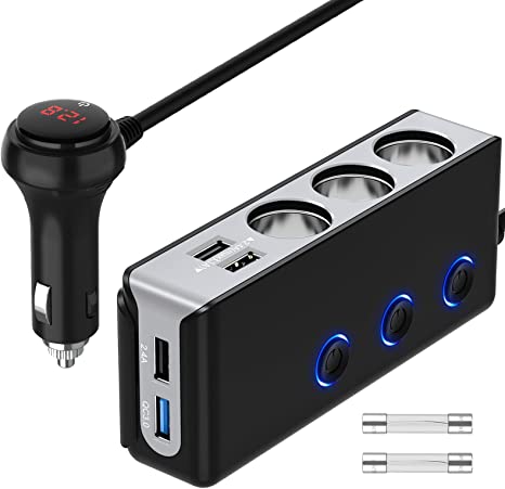 [Updated Version] Quick Charge 3.0 Cigarette Lighter Adapter, 3 Sockets 4 USB Ports Power Splitter, 180W 12V/24V Independent Switches LED Voltage Display, Upgraded Main Switch Car Charger