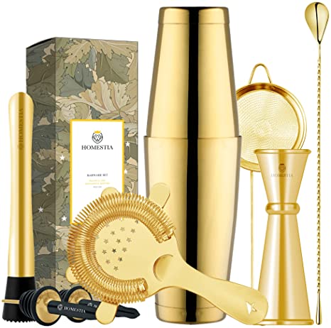 Boston Cocktail Shaker Home Bar Set by Homestia 8-Piece: 18oz & 28oz Shaker Tins, Hawthorne Cocktail Strainer, Double Jigger, Mixing Spoon, Drink Muddler and Pour Spouts Gold