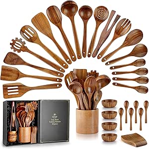 Zulay Kitchen 30-Piece Teak Wooden Utensils for Cooking - Natural Teak Utensil Set with Premium Gift Box - Non-Stick Wooden Spoons for Cooking - Kitchen Gift Set - Comfortable Grip Wooden Utensil Set