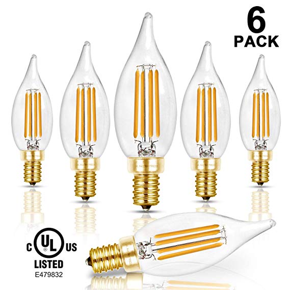 Hizashi 90  CRI Dimmable LED Candelabra Bulb Flame Tip 40W Equivalent E12 Filament Candle Bulbs 4W, 450 Lumens, 2700K Warm White CA10 LED Chandelier Light Bulbs, UL Listed - 6 Pack