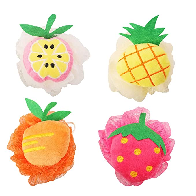 Rocutus 4pcs Child Bath Shower Sponge Pouf Loofahs Mesh Brush Shower Ball Cute Bath Flower with Hooks for Travel (Mixed 2)