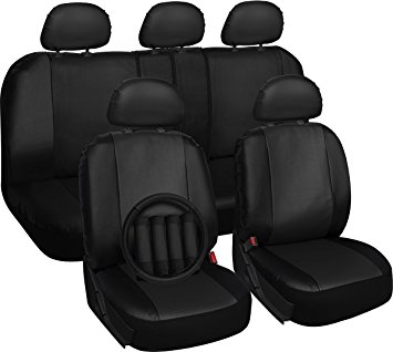 OxGord 17pc PU Leather Solid Black Car Seat Cover Set - Airbag - Front Low Back Bucket - Universal Fit for Car, Truck, SUV, Van - Steering Wheel Cover