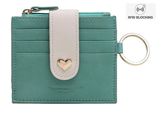 Ogem Womens and Girls Leather Peach Heart Thin and Fashion Card Wallet Useful Credit Card Wallets Small Compact Purse with Key Chain and Zipper