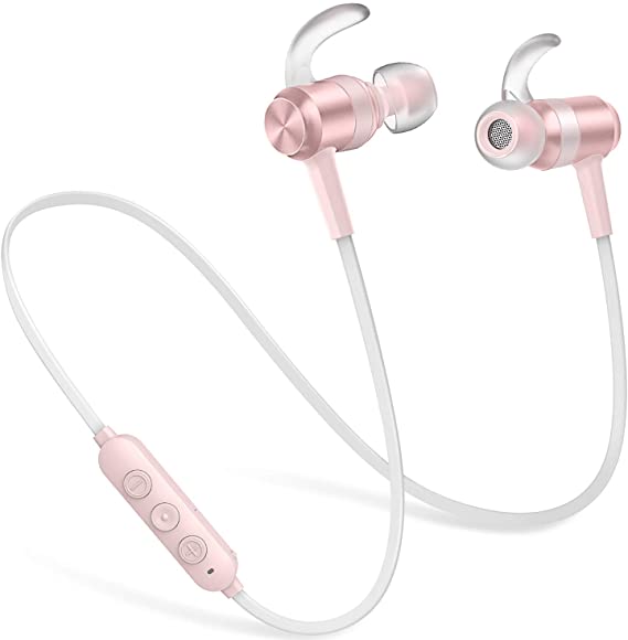 Wireless Headphones 10 Hrs Playtime, Picun HiFi Stereo CSR Bluetooth Headphones IPX7 Waterproof Sports Earbuds with HD Mic, Magnetic, Anti-Fall Off, Painless Fit for Running Gym Workout (Rose Gold)