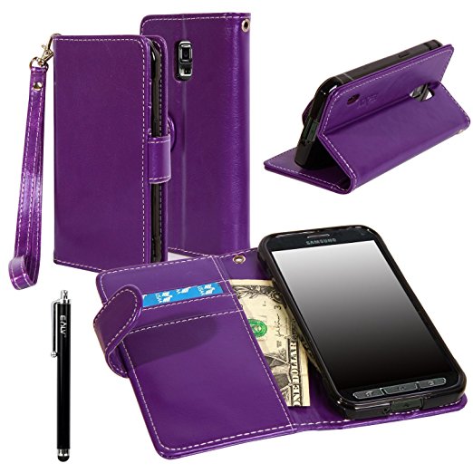 Galaxy S5 ACTIVE Case, Galaxy S5 Active Flip Case - E LV Deluxe PU Leather Folio Wallet Case Cover for Samsung Galaxy S5 Active SM-G870 (Water Resistant Model) - Purple